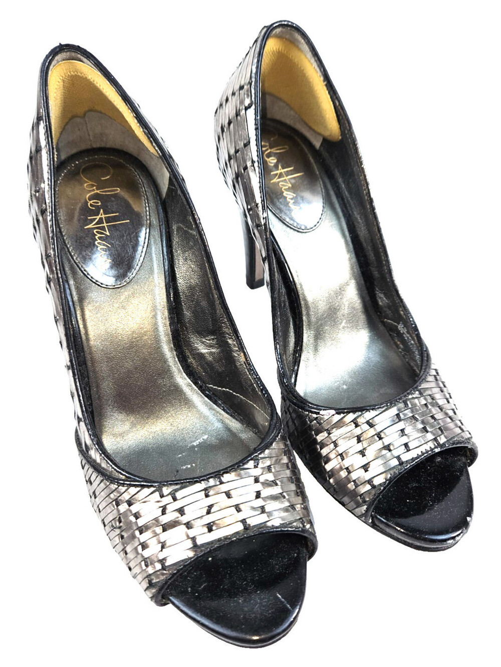 Cole Haan Peep-Toe Pump Metallic Gunmetal Woven/Basketweave Pattern